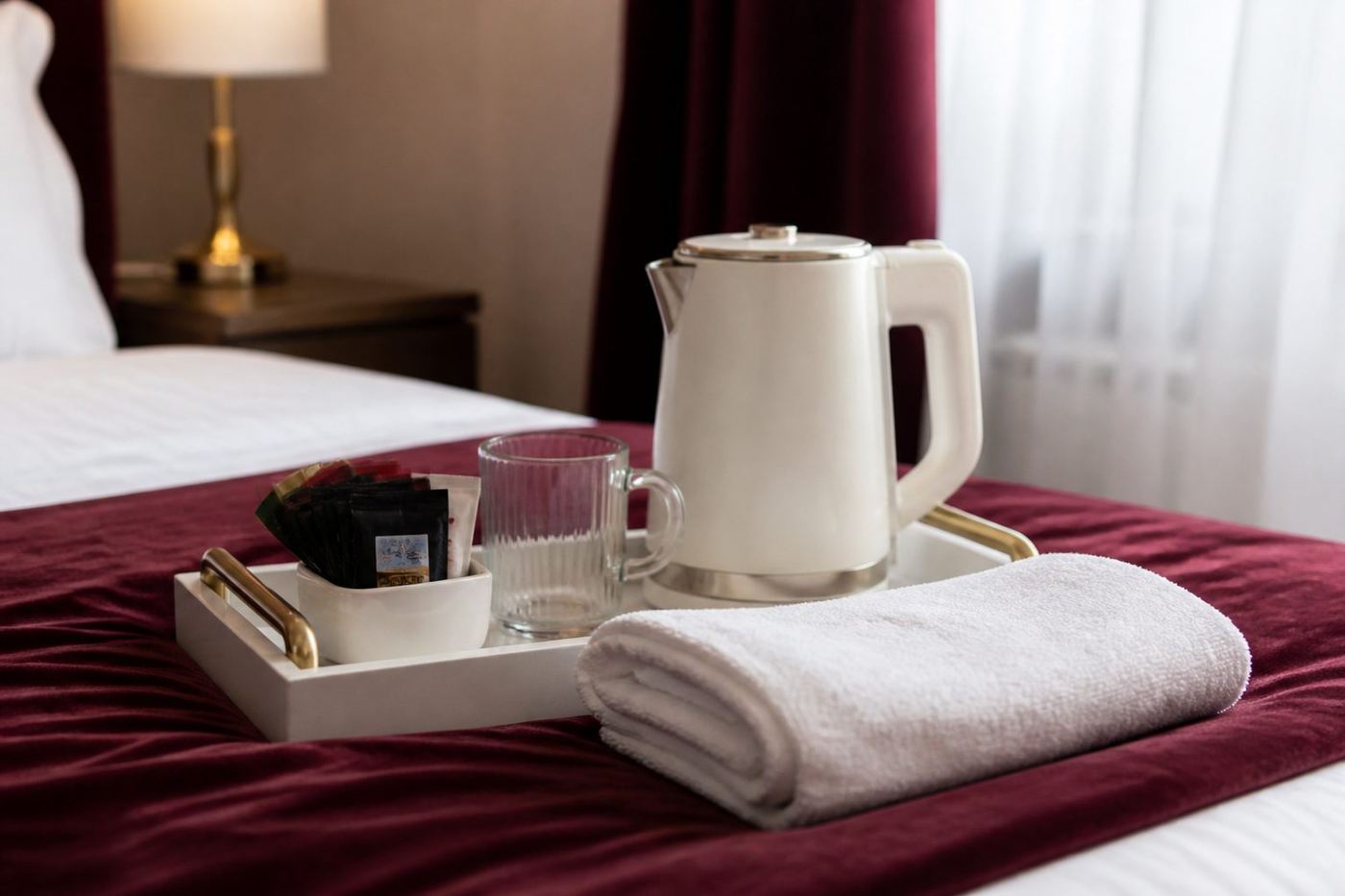 Приветственный набор для гостя: чай, кофе и свежие полотенца в номере IQ Hotel